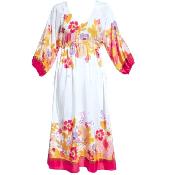 NWT Johnny Was Loreli Floral 100% Silk White Pink Embroidered Midi Dress Small - Picture 3 of 11